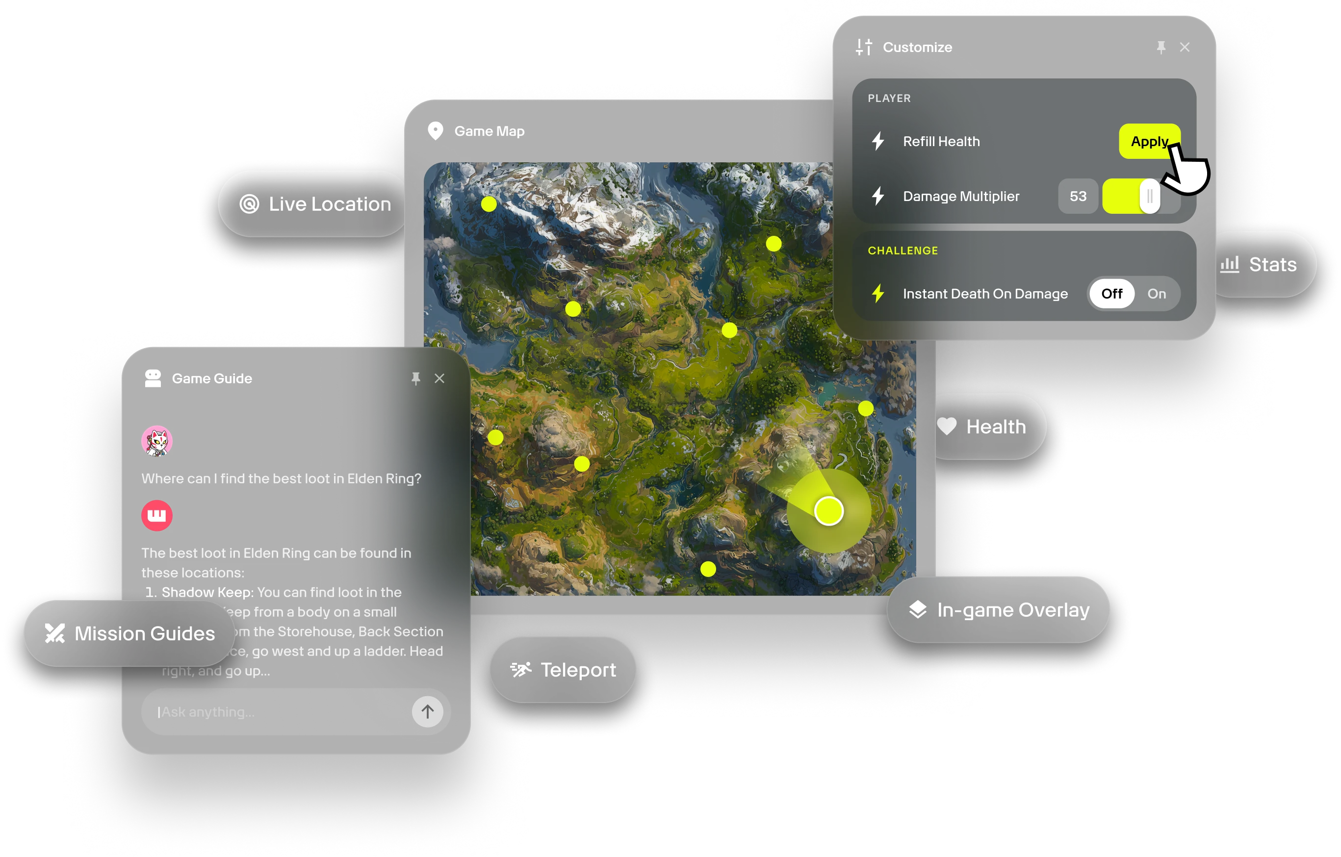 Vetrina di varie funzionalità di Wand incluse mappe, controlli mod e guide per i giochi